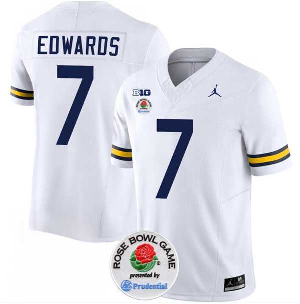 Mens Michigan Wolverines #7 Donovan Edwards 2023 F.U.S.E. White Rose Bowl Patch Stitched Jersey Dzhi